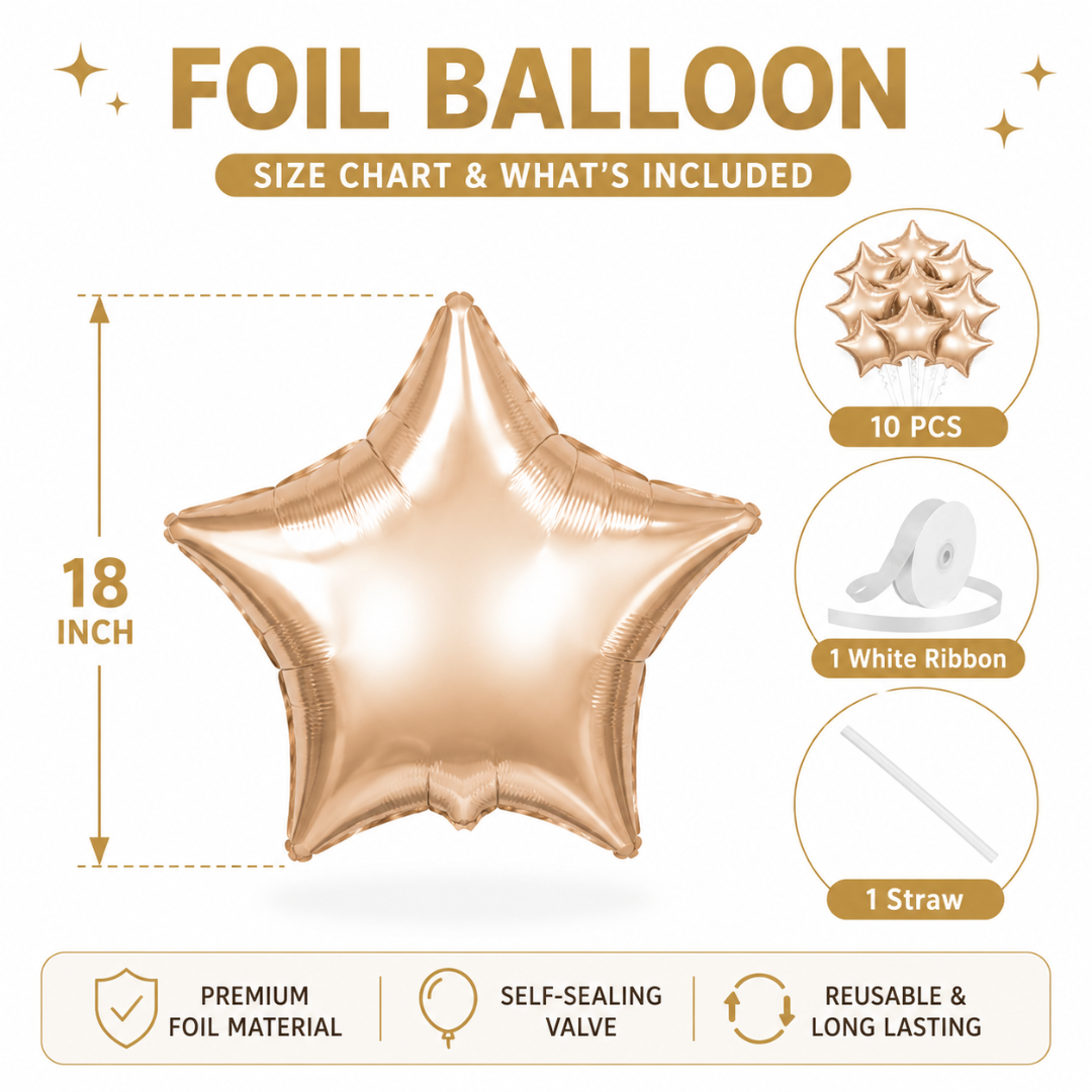 Champagne Gold Color Star Shaped Foil Balloon Set - 10PC | 18 inches | Helium Quality Balloons