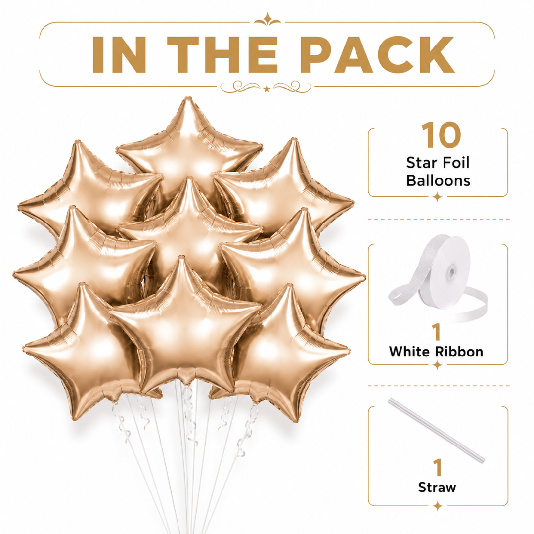 Champagne Gold Color Star Shaped Foil Balloon Set - 10PC | 18 inches | Helium Quality Balloons