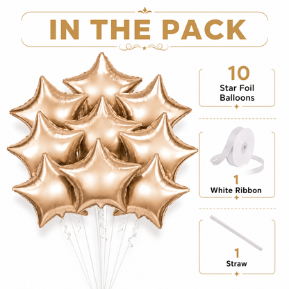 Champagne Gold Color Star Shaped Foil Balloon Set - 10PC | 18 inches | Helium Quality Balloons
