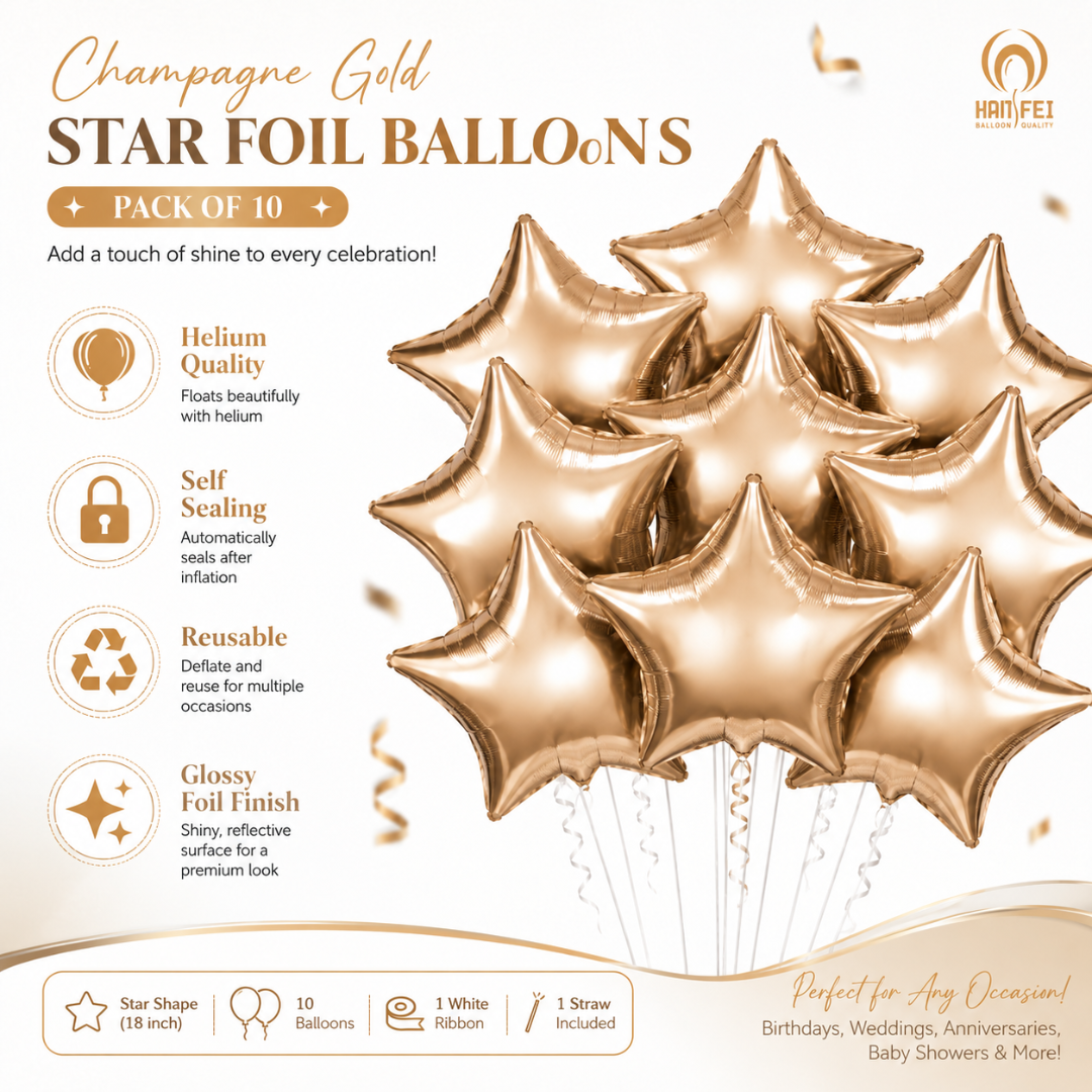 Champagne Gold Color Star Shaped Foil Balloon Set - 10PC | 18 inches | Helium Quality Balloons