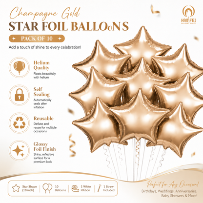 Champagne Gold Color Star Shaped Foil Balloon Set - 10PC | 18 inches | Helium Quality Balloons
