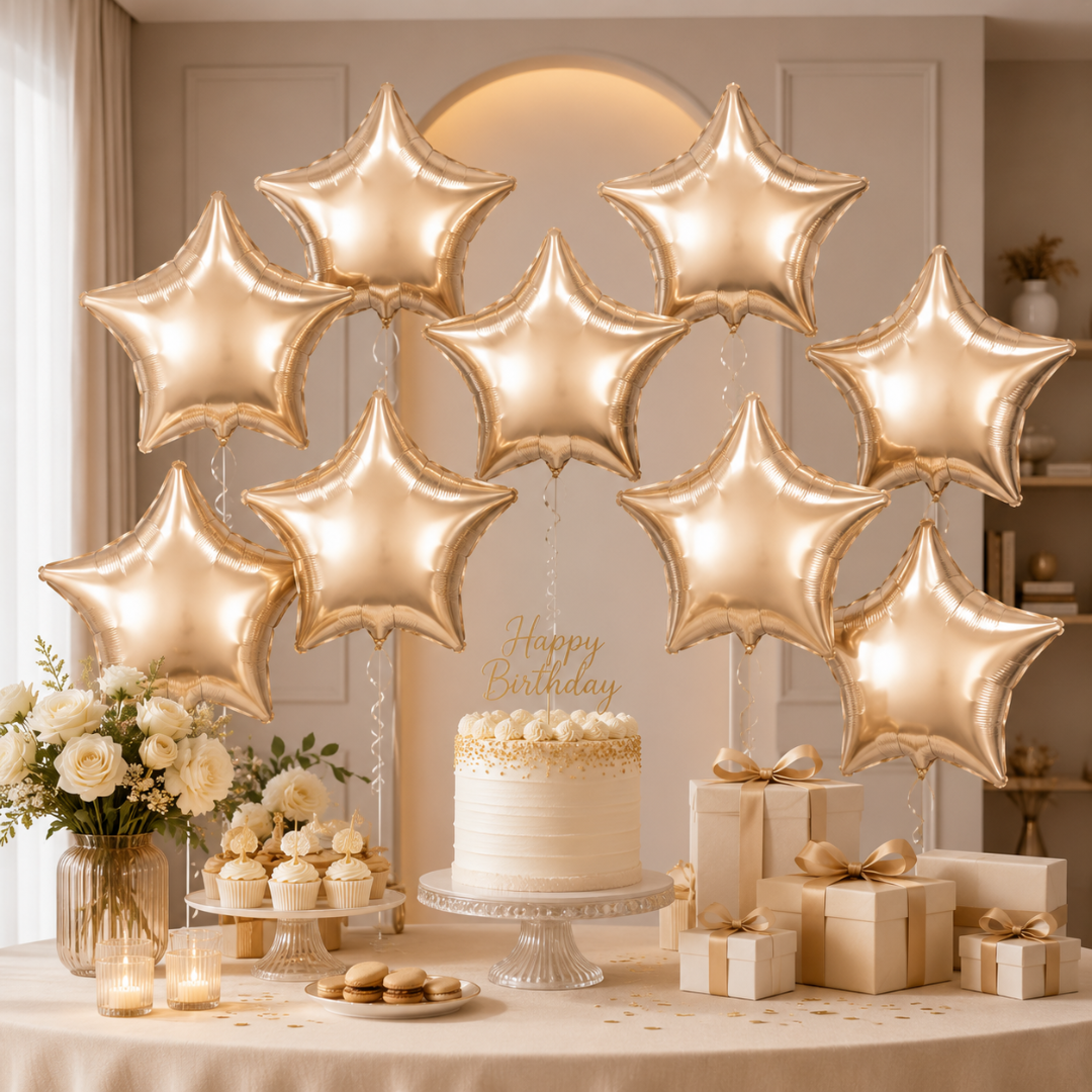 Champagne Gold Color Star Shaped Foil Balloon Set - 10PC | 18 inches | Helium Quality Balloons