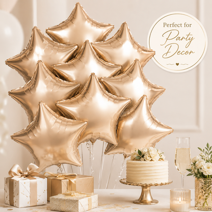 Champagne Gold Color Star Shaped Foil Balloon Set - 10PC | 18 inches | Helium Quality Balloons