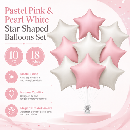 Pastel Pink & Pearl White Star Shaped Balloons Set - 10PC | 18 inches | Helium Quality Balloons
