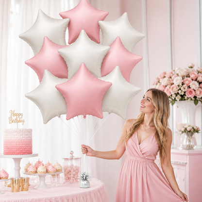 Pastel Pink & Pearl White Star Shaped Balloons Set - 10PC | 18 inches | Helium Quality Balloons