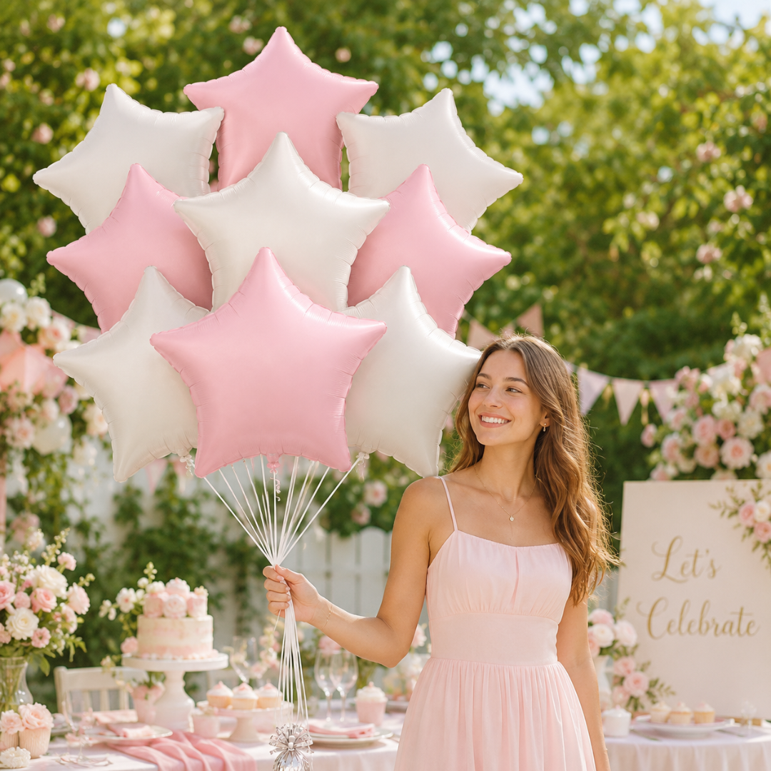 Pastel Pink & Pearl White Star Shaped Balloons Set - 10PC | 18 inches | Helium Quality Balloons