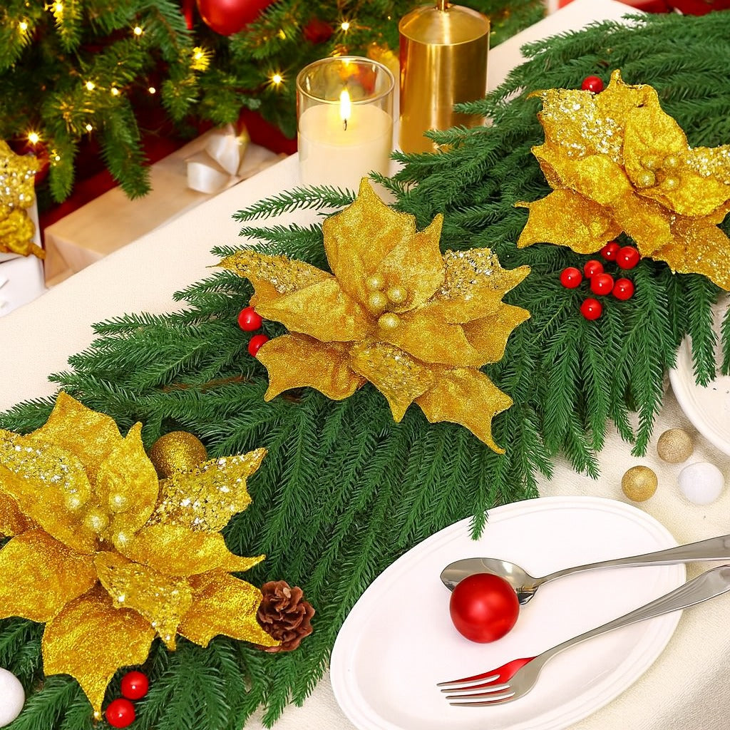 Large Golden Poinsettia Leaves with Golden Glitter - 1PC