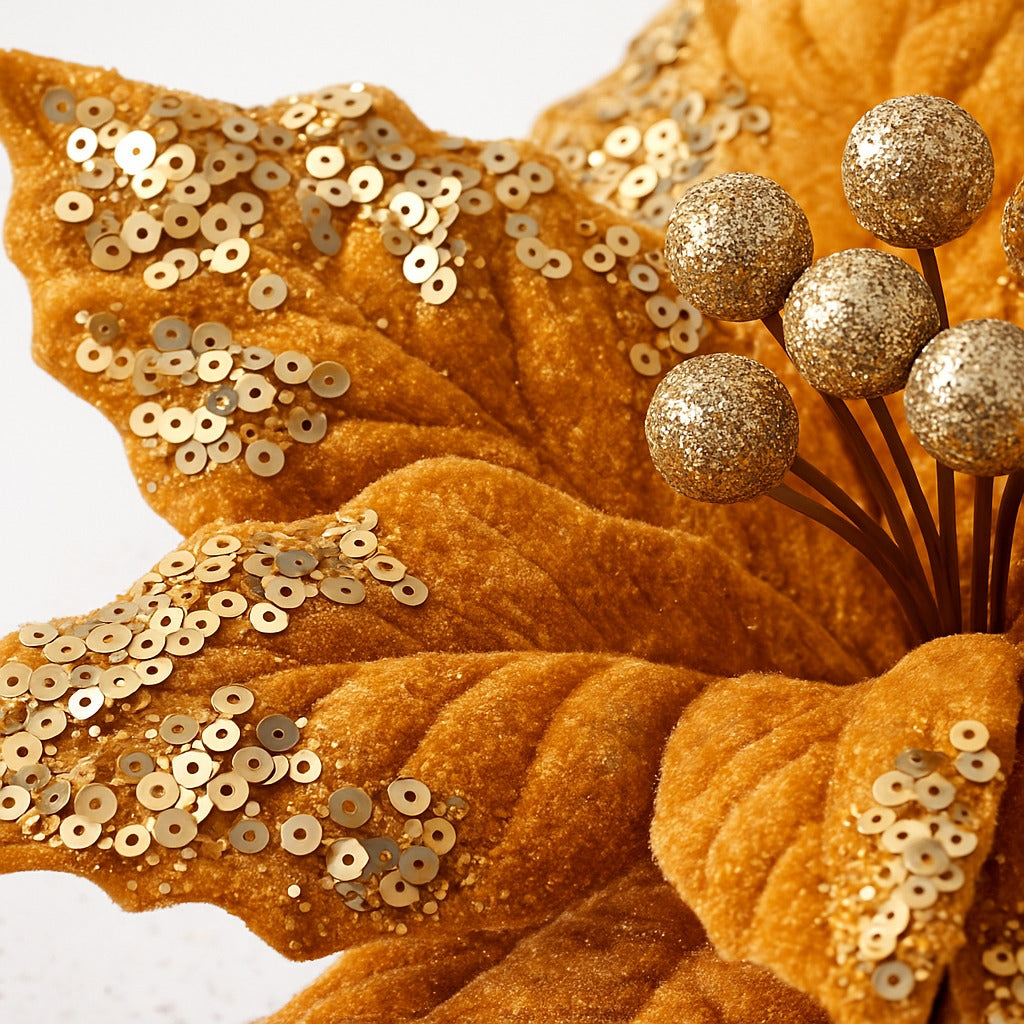 Large Golden Poinsettia Leaves with Golden Glitter - 1PC