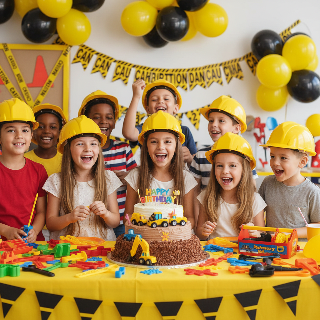 Under Construction Kids Party Hat worn at Construction Themed Birthday Party