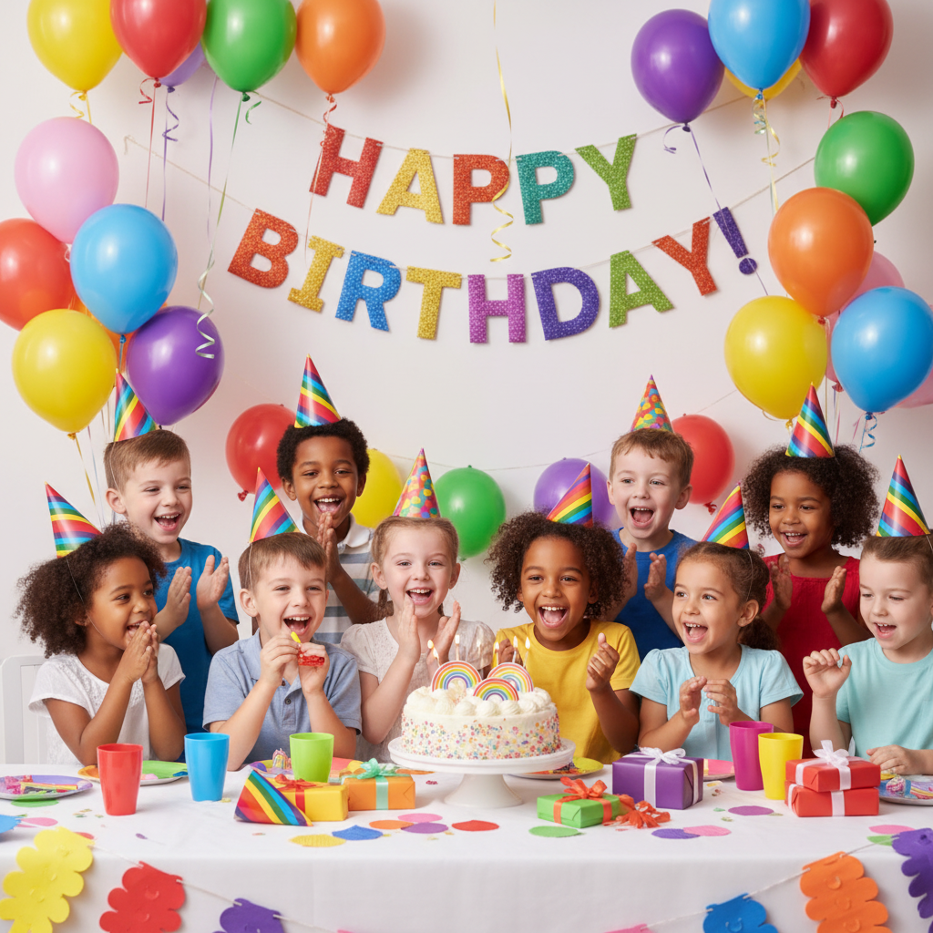Rainbow Cone Party Hats worn by Kids at Colourful Birthday Party
