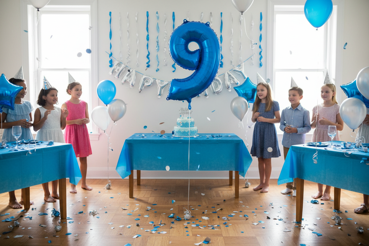Number 9 Blue Balloon - 9th Birthday Party Setup