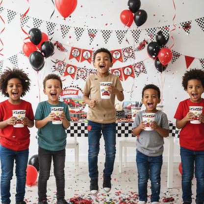Kids Holding Race Car Theme Paper Cups at Race Car Birthday Party