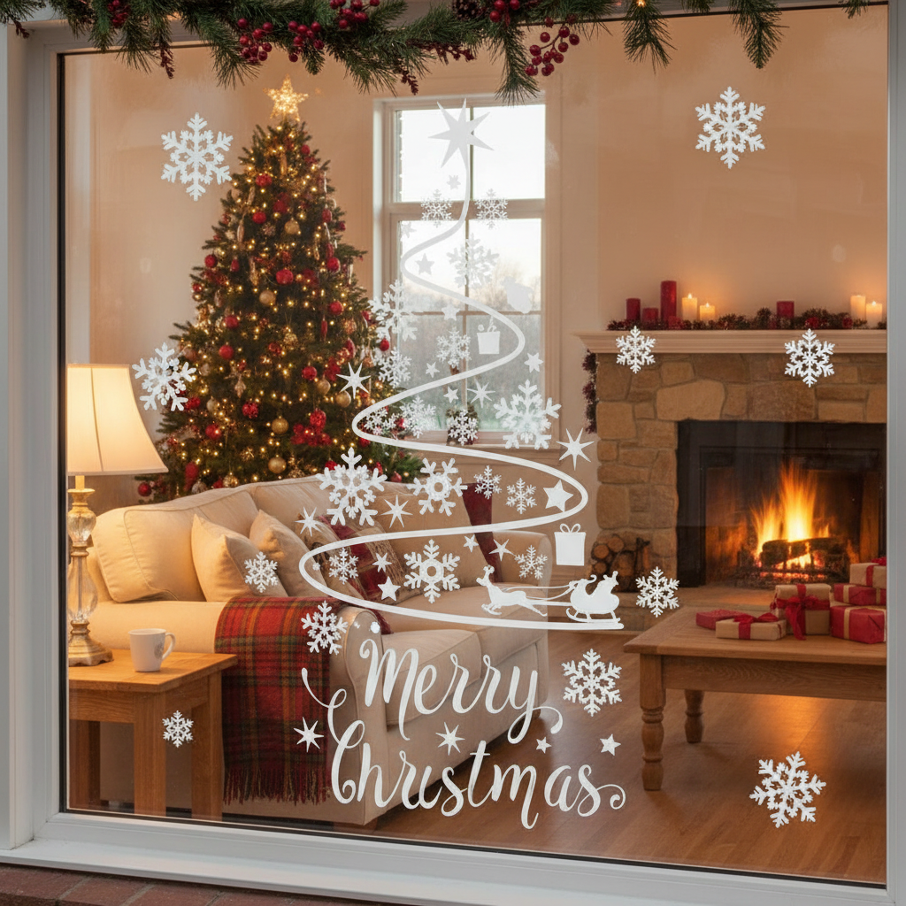 Beautiful white snowflake sticker decorations on living room window during Christmas with Christmas tree design