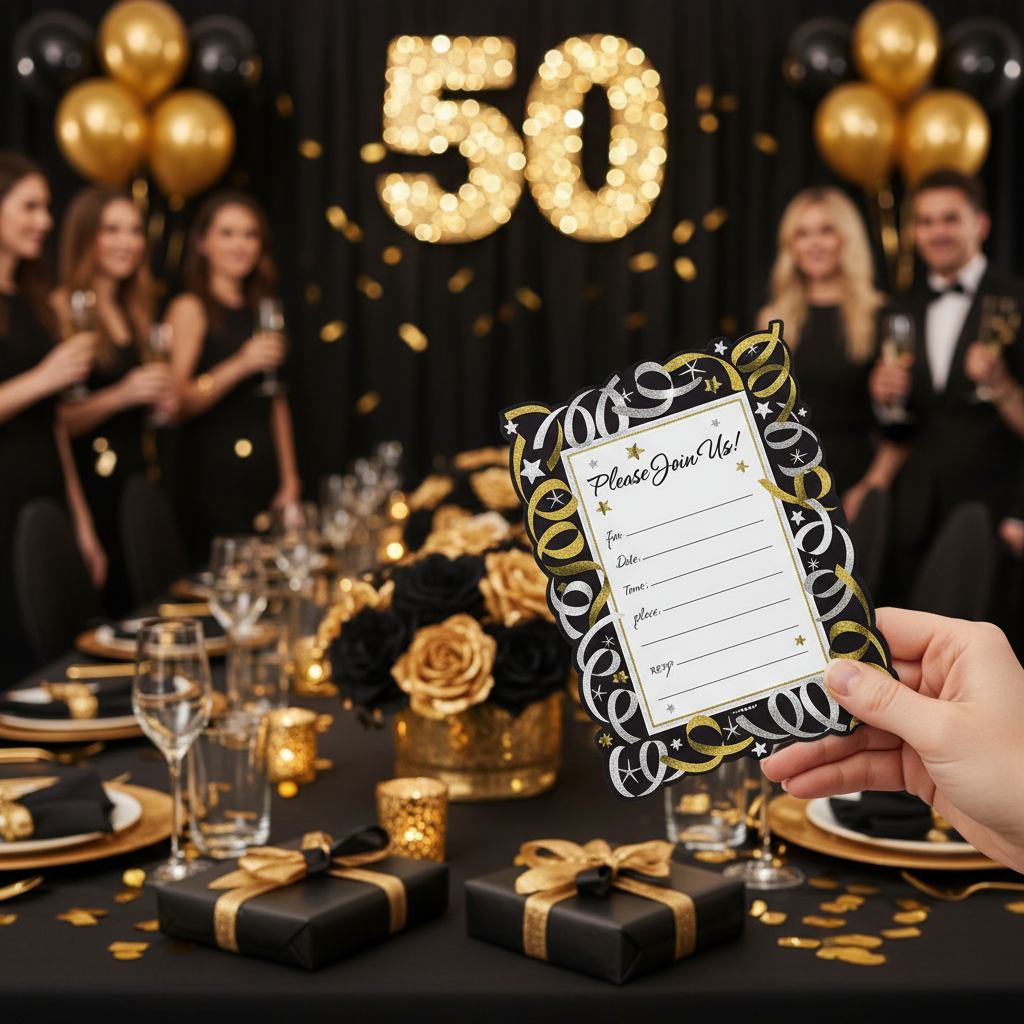 Silver & Gold Streamers Party Invitations at Milestone Birthday Party