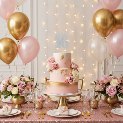 Sweet 16 silver glitter cake topper on tiered birthday cake with gold pink balloons and flowers