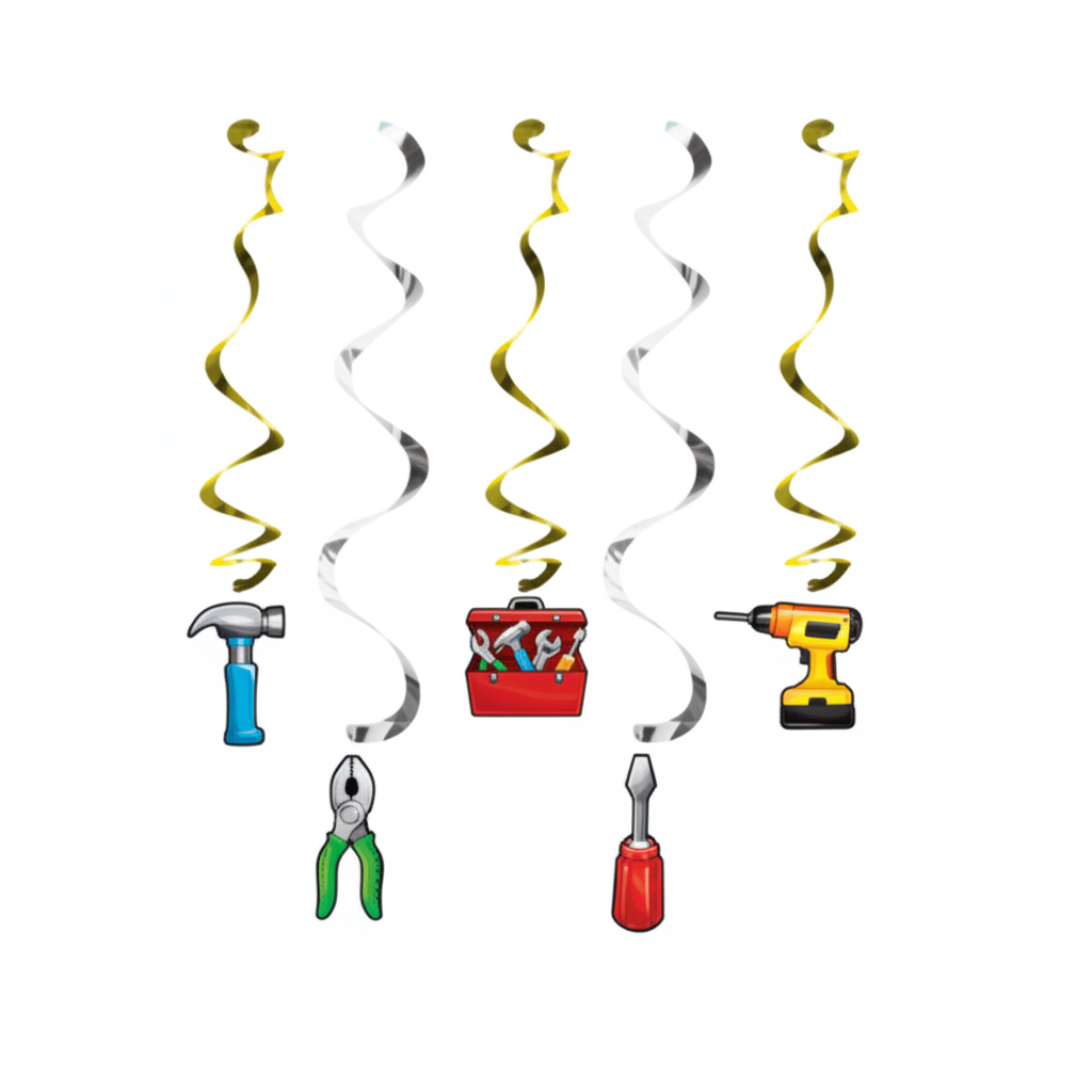 Under Construction danglers 5PC flat lay yellow green spiral swirls with hammer drill screwdriver pliers red toolbox cutouts on white background