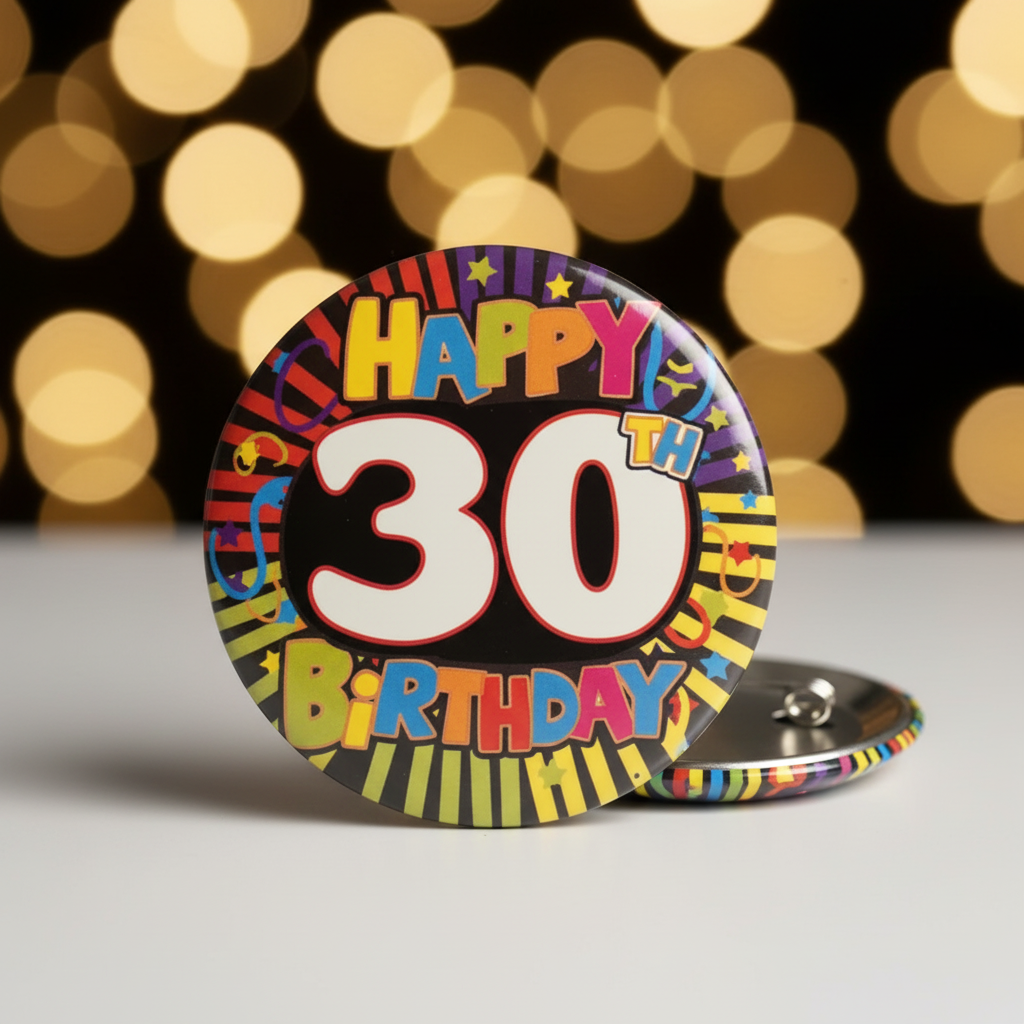 Close up detail of 30th birthday badge with bold colorful sunburst Happy 30th Birthday design
