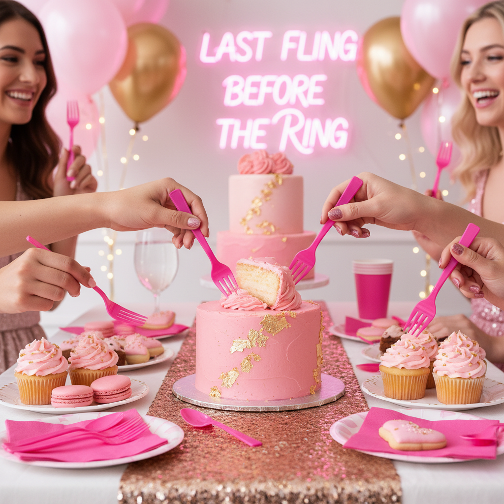 Hot pink plastic forks at glamorous bachelorette party dessert table with pink cake macarons and sweet treats