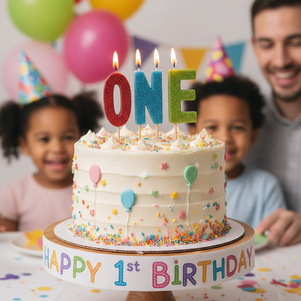 Colorful glitter ONE letter candles on white first birthday cake with sprinkles and decorations