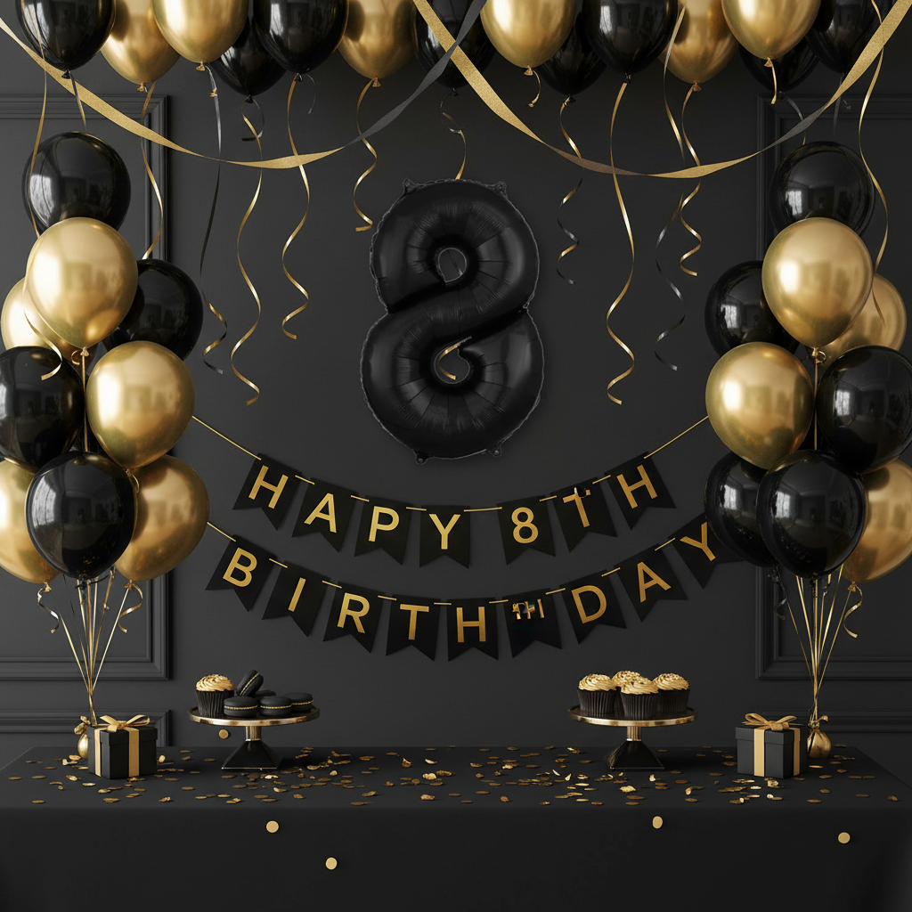 Black Number 8 Balloon - 8th Birthday Party