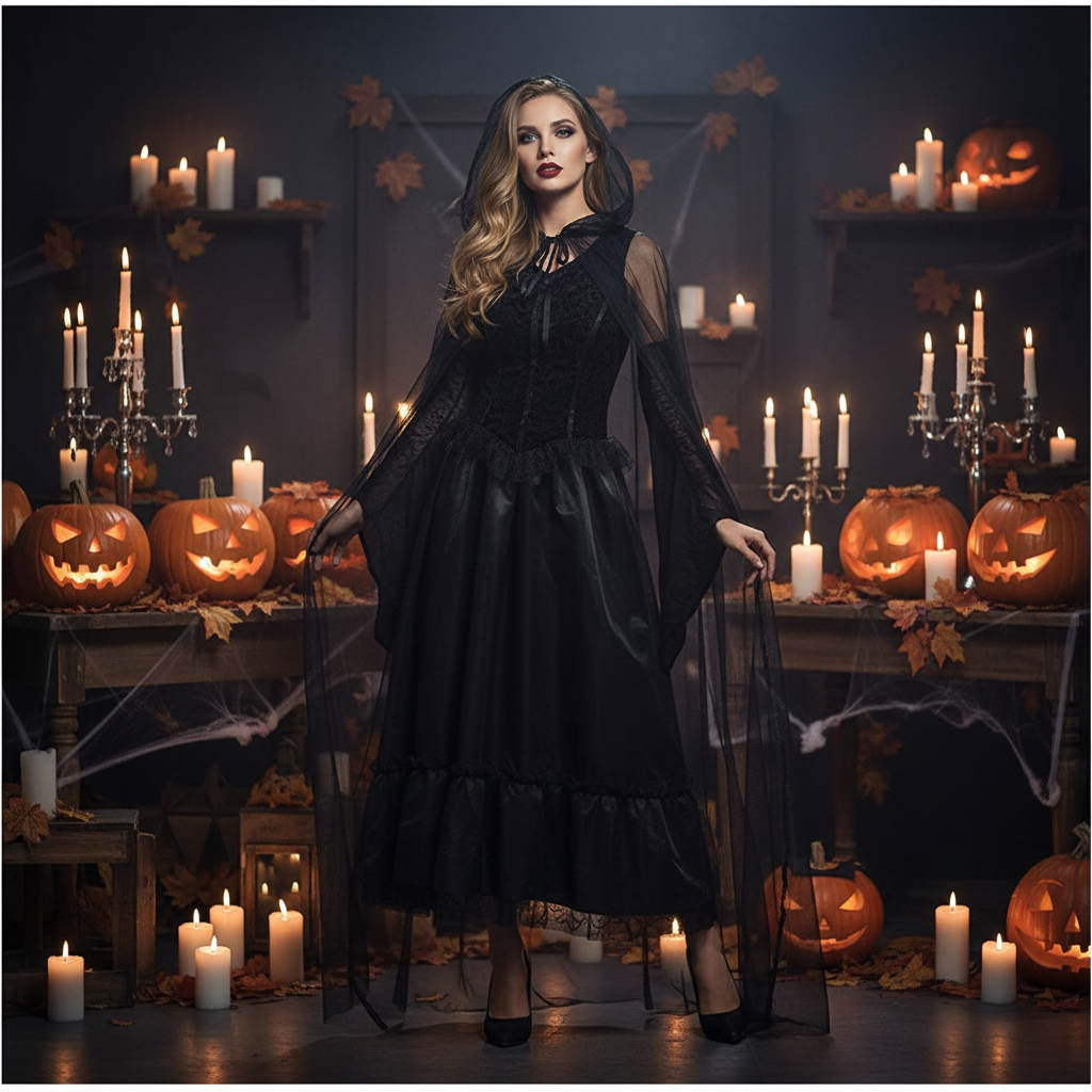Elegant woman wearing spooky sassy black witch costume with net cape at Halloween party with candles and pumpkins