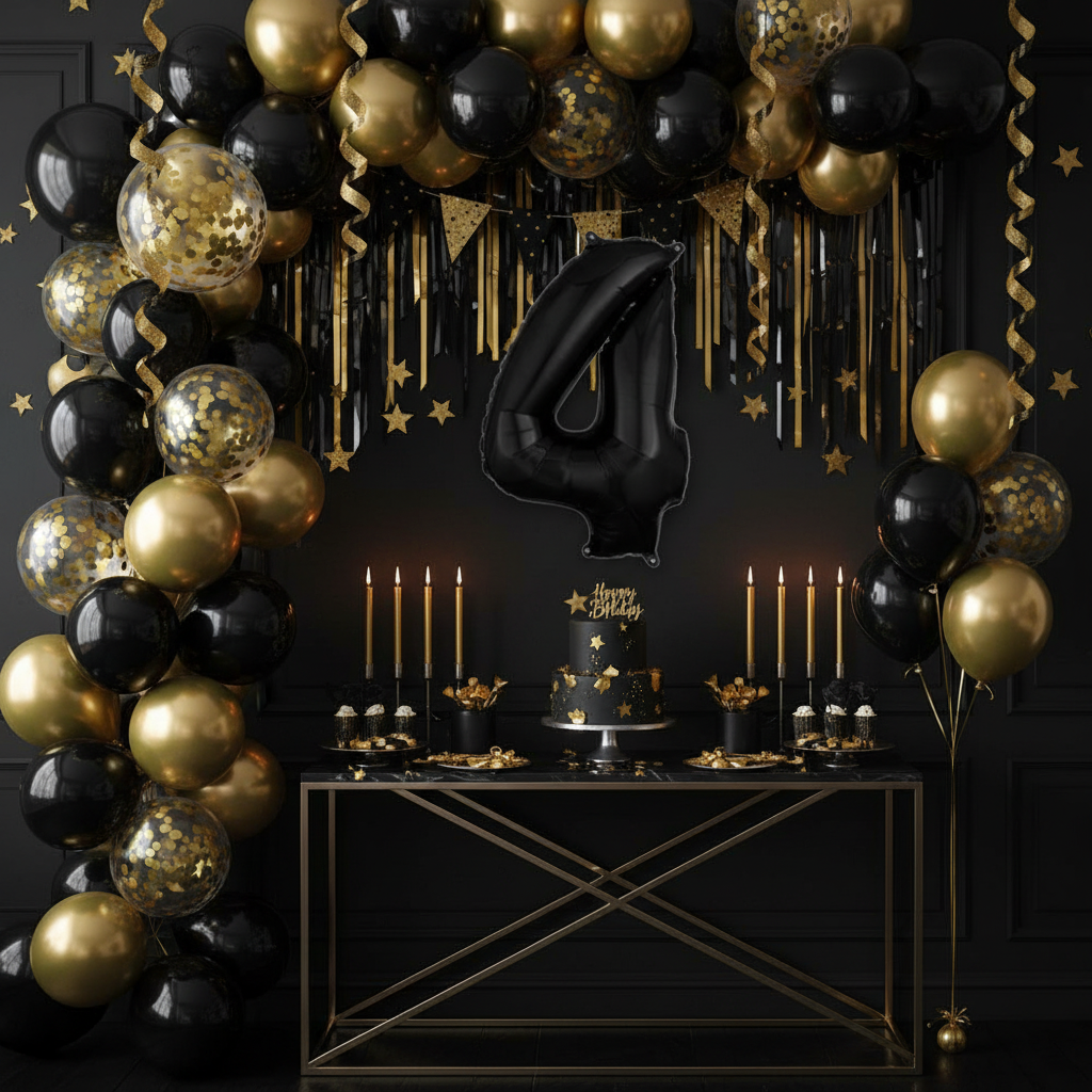 Black Number 4 Balloon - 4th Birthday Party