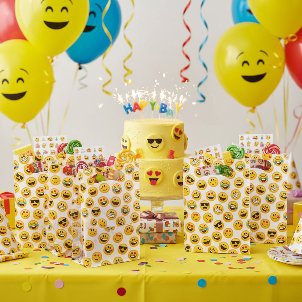 Emojis Loot Bags at Fun Kids Emoji Themed Birthday Party Table