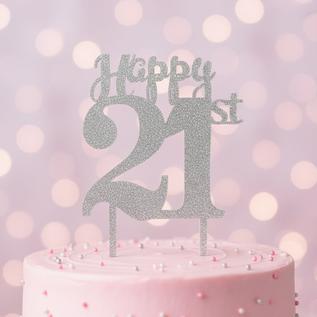 Close up detail of Happy 21st acrylic silver glitter cake topper showing elegant lettering and finish