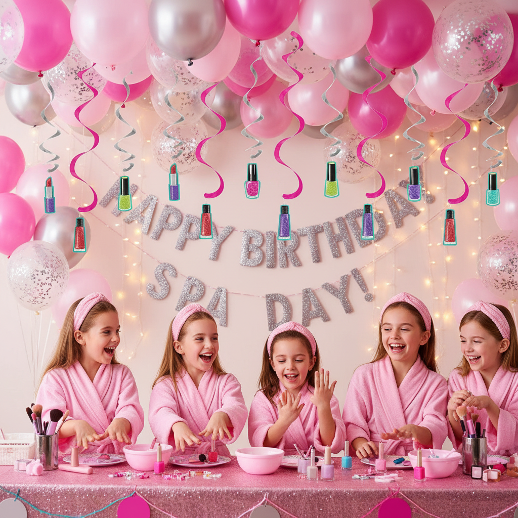 Glamorous pink and silver swirl danglers with colorful nail polish and lipstick cutouts hanging at girls spa birthday party