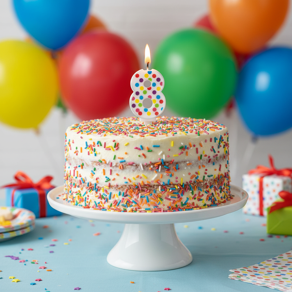 Multicolor polka dot number 8 candle on colorful cake with rainbow balloons and confetti