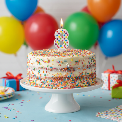 Multicolor polka dot number 8 candle on colorful cake with rainbow balloons and confetti