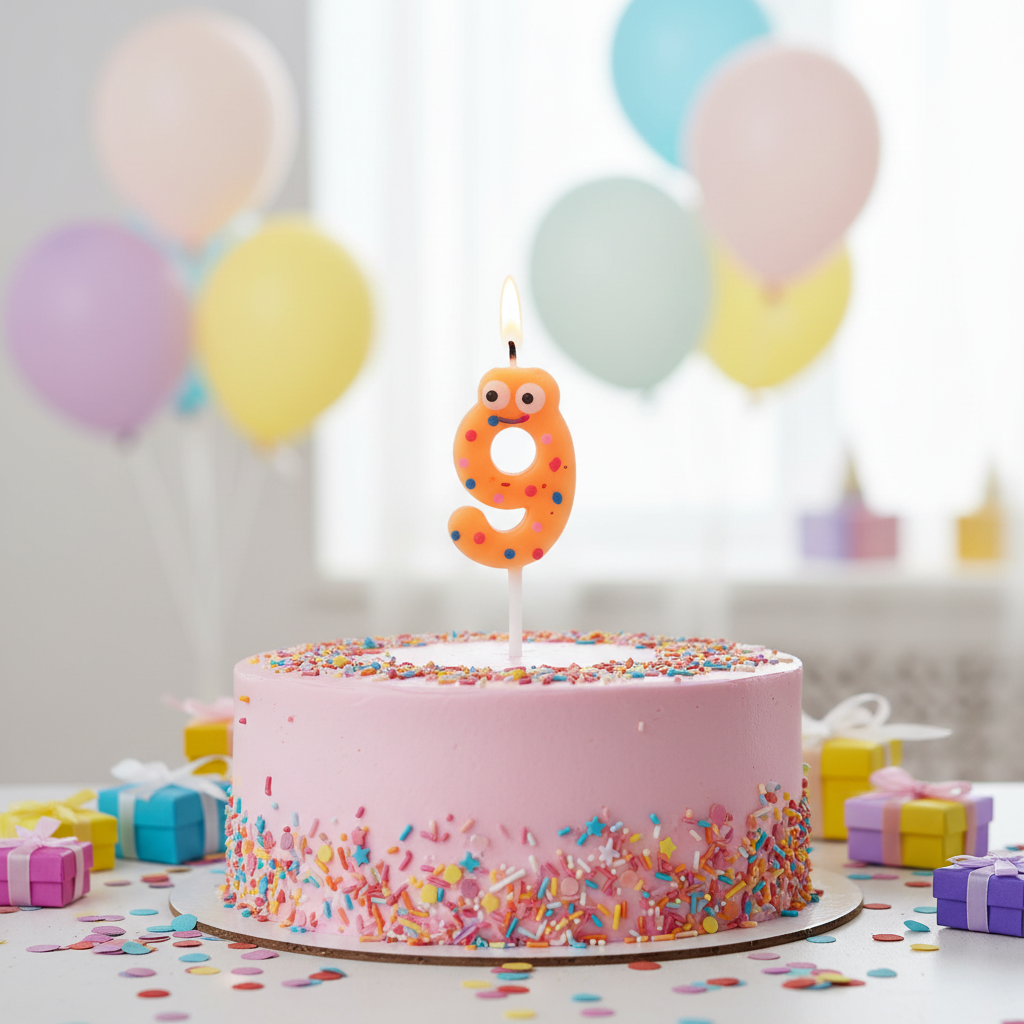 Number 9 Stick Candle on pastel pink birthday cake