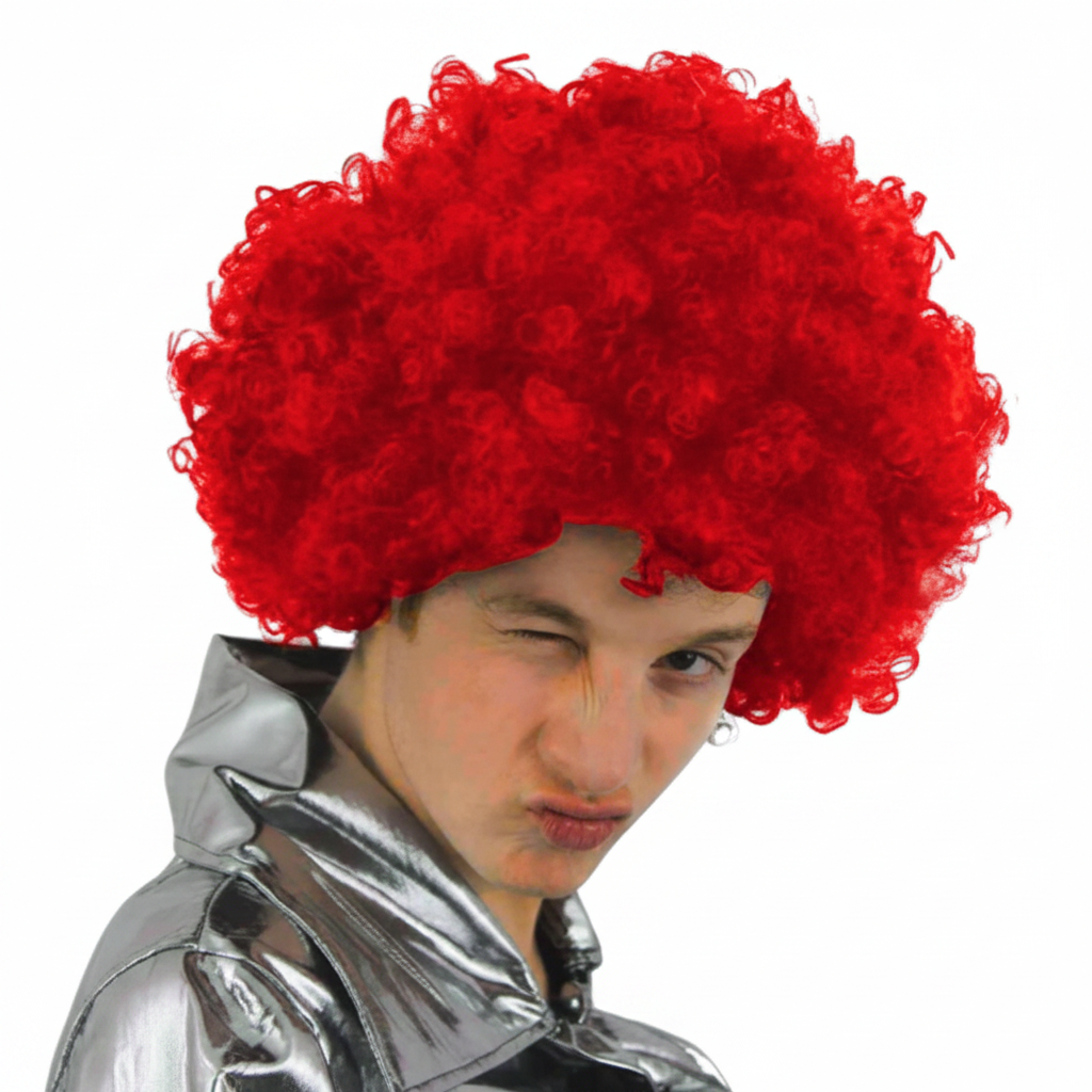 Person wearing giant red afro wig 3/4 angle view