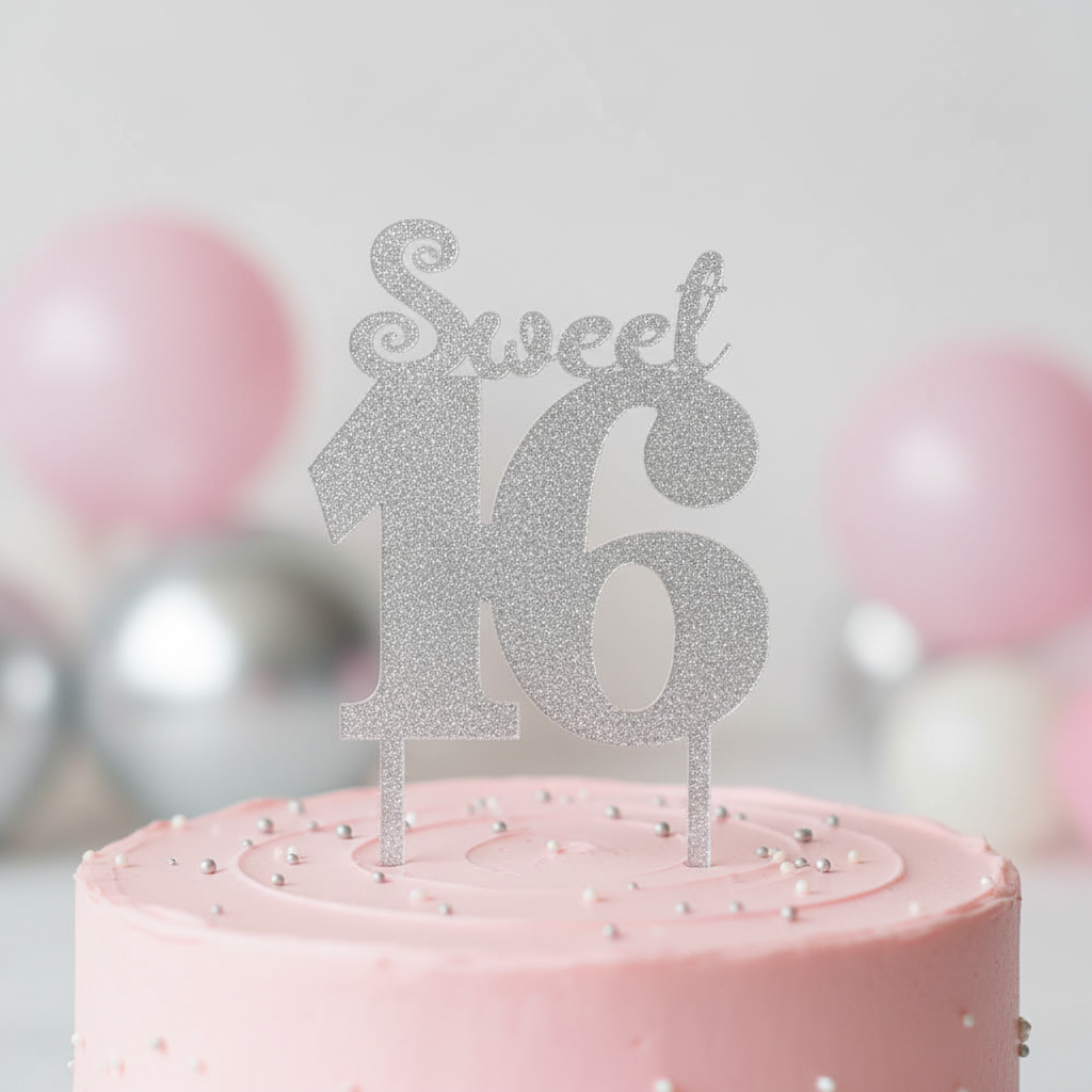 Close up detail of Sweet 16 acrylic silver glitter cake topper showing elegant cursive lettering