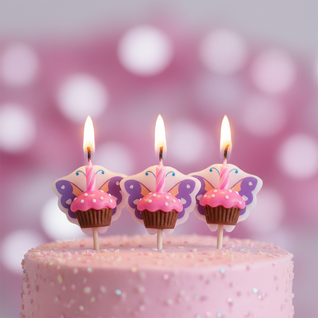 Close up detail of sweet butterfly birthday candles showing pink purple butterfly wings and cupcake base