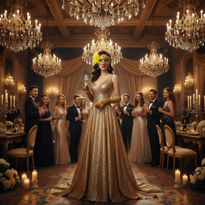 Golden Sequin Mask with Yellow Flower at Elegant Masquerade Ball