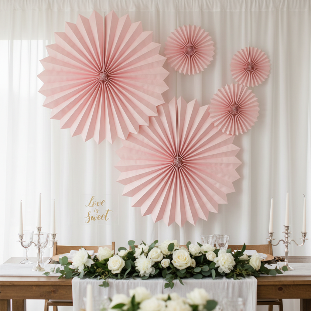 Pink paper fan decorations at a wedding reception table backdrop