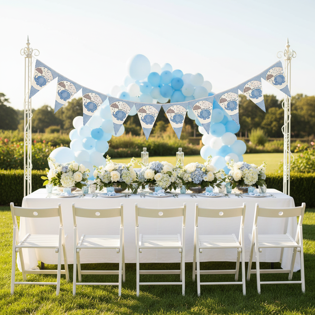 Baby shower blue elephant bunting at outdoor garden baby shower with balloon arch