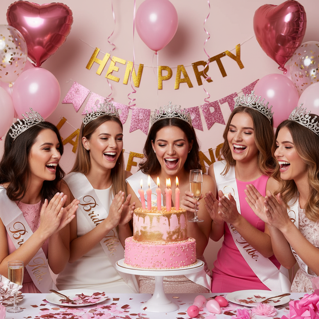 Novelty willy shaped pink candles lit on hen party cake with girls celebrating bachelorette party