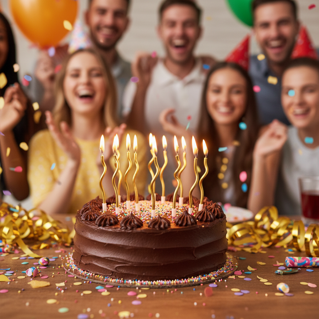 Lit twisty metallic golden spiral candles glowing on chocolate birthday cake with confetti