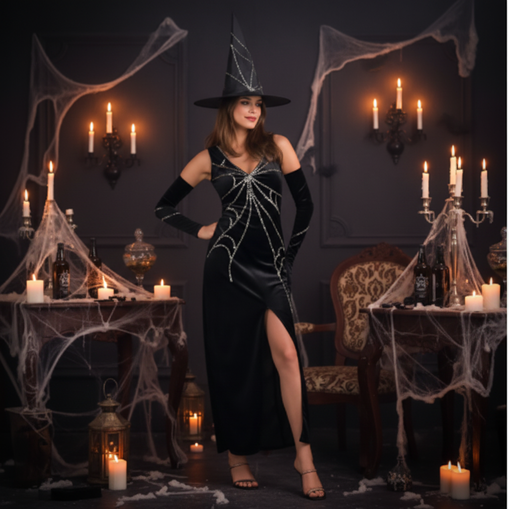 Glamorous woman wearing sassy black long witch costume with spider web print and witch hat at Halloween party