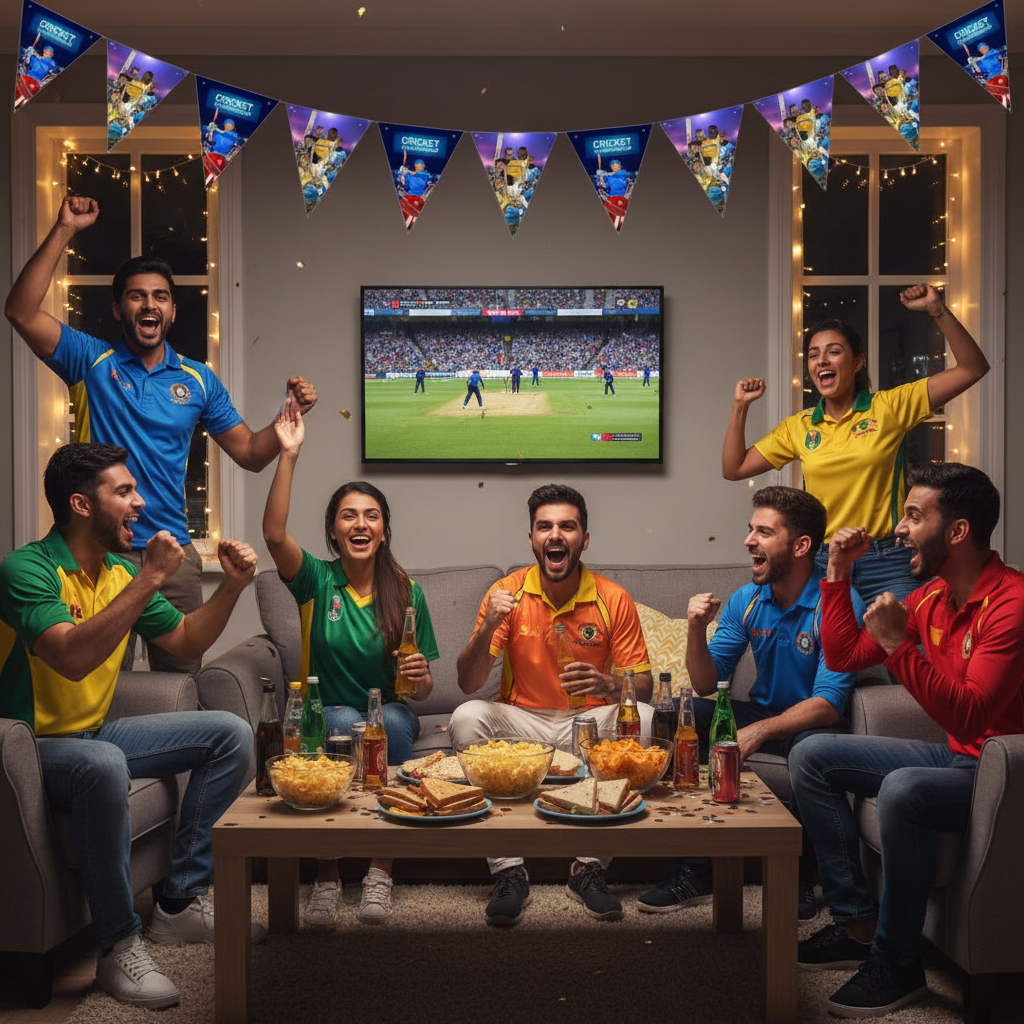Cricket Championship bunting hung on wall at indoor cricket match viewing party with fans