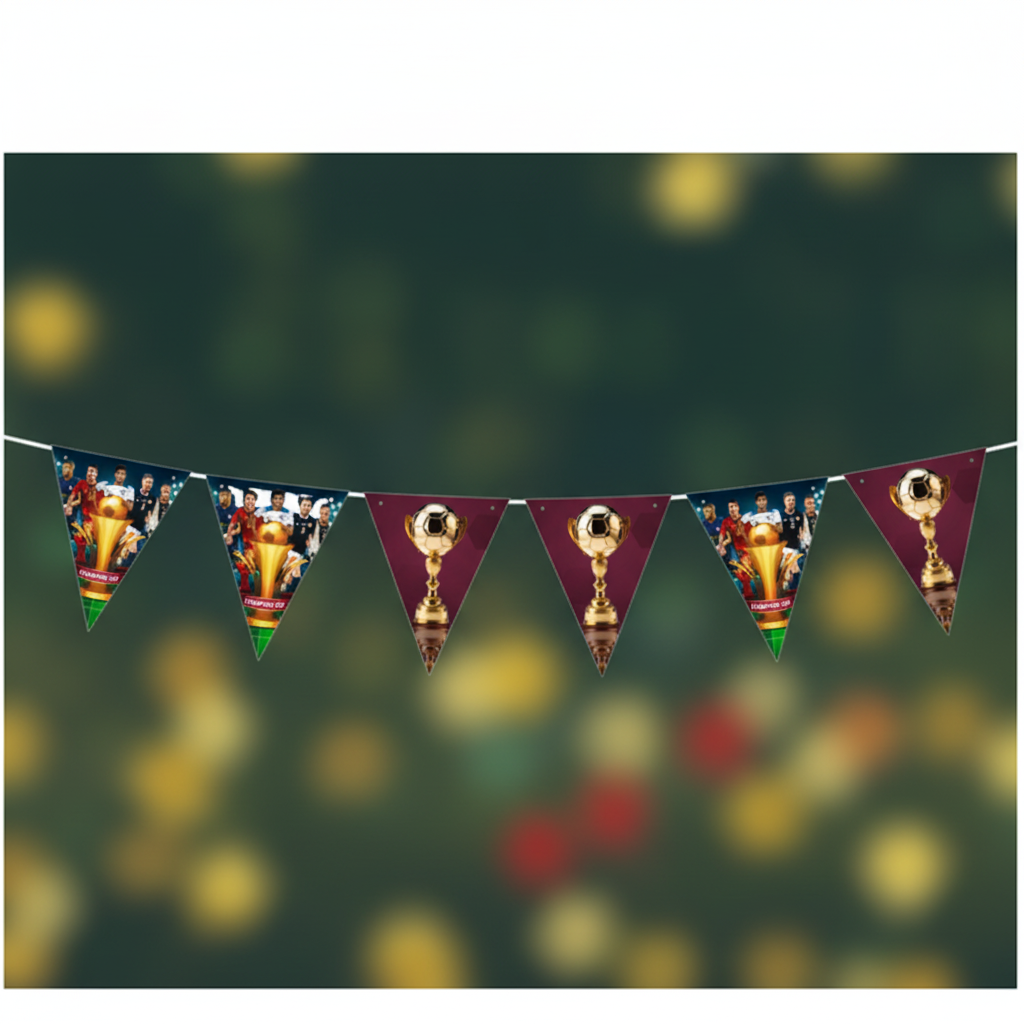Close up detail of Football Euro Cup bunting triangular flags with players and golden trophy