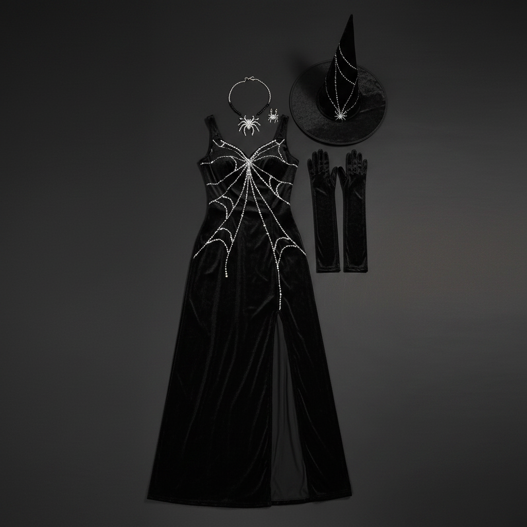 Black long women witch Halloween costume flat lay with silver spider web print tall witch hat and black gloves