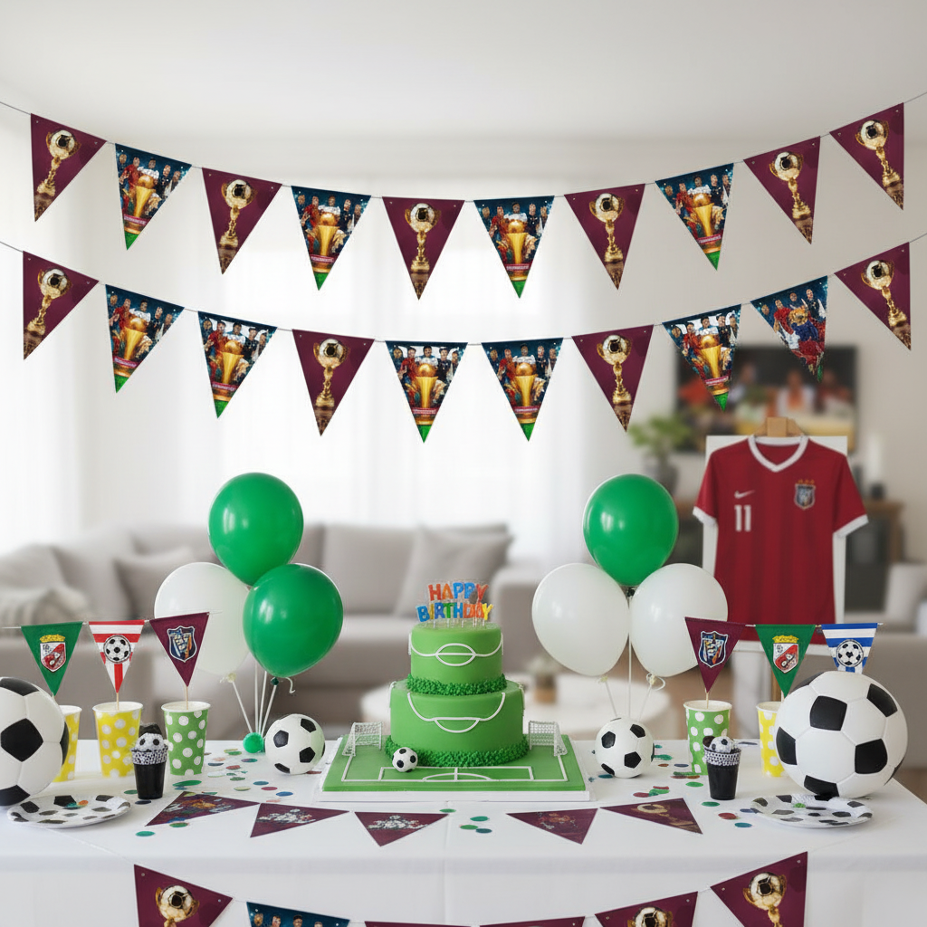 Football Euro Cup bunting at football themed birthday party with trophy cake and football balloons