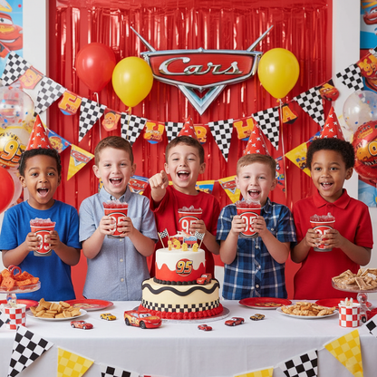 Kids Holding Disney Pixar Cars Paper Cups at Race Car Birthday Party