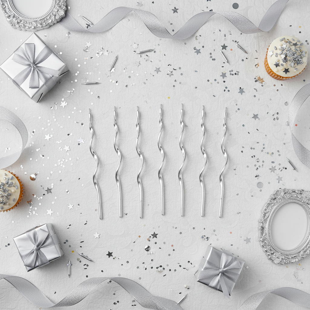 Twisty metallic silver spiral candles flat lay with silver ribbons gift boxes and party decor