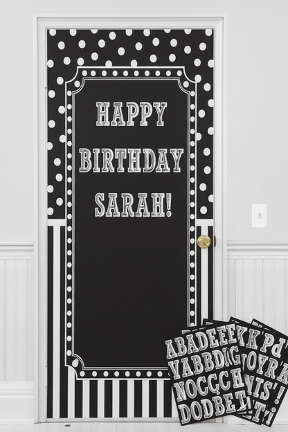 Elegant black and white birthday door decoration kit on home entrance over 5 feet tall with Happy Birthday text and custom name
