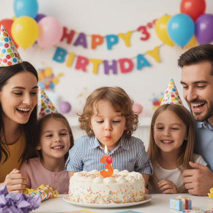 Child celebrating 3rd birthday blowing orange number 3 balloon candle on cake with family