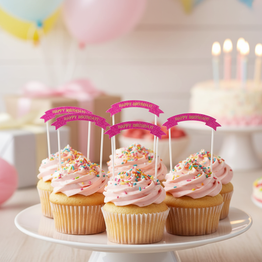 Hot pink Happy Birthday cake toppers on individual pink cupcakes on birthday dessert table